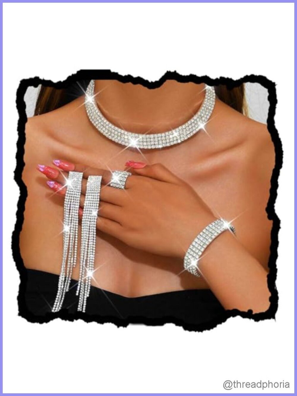 Rhinestone Bridal Jewelry Set with Choker Necklace Earrings Bracelet Ring